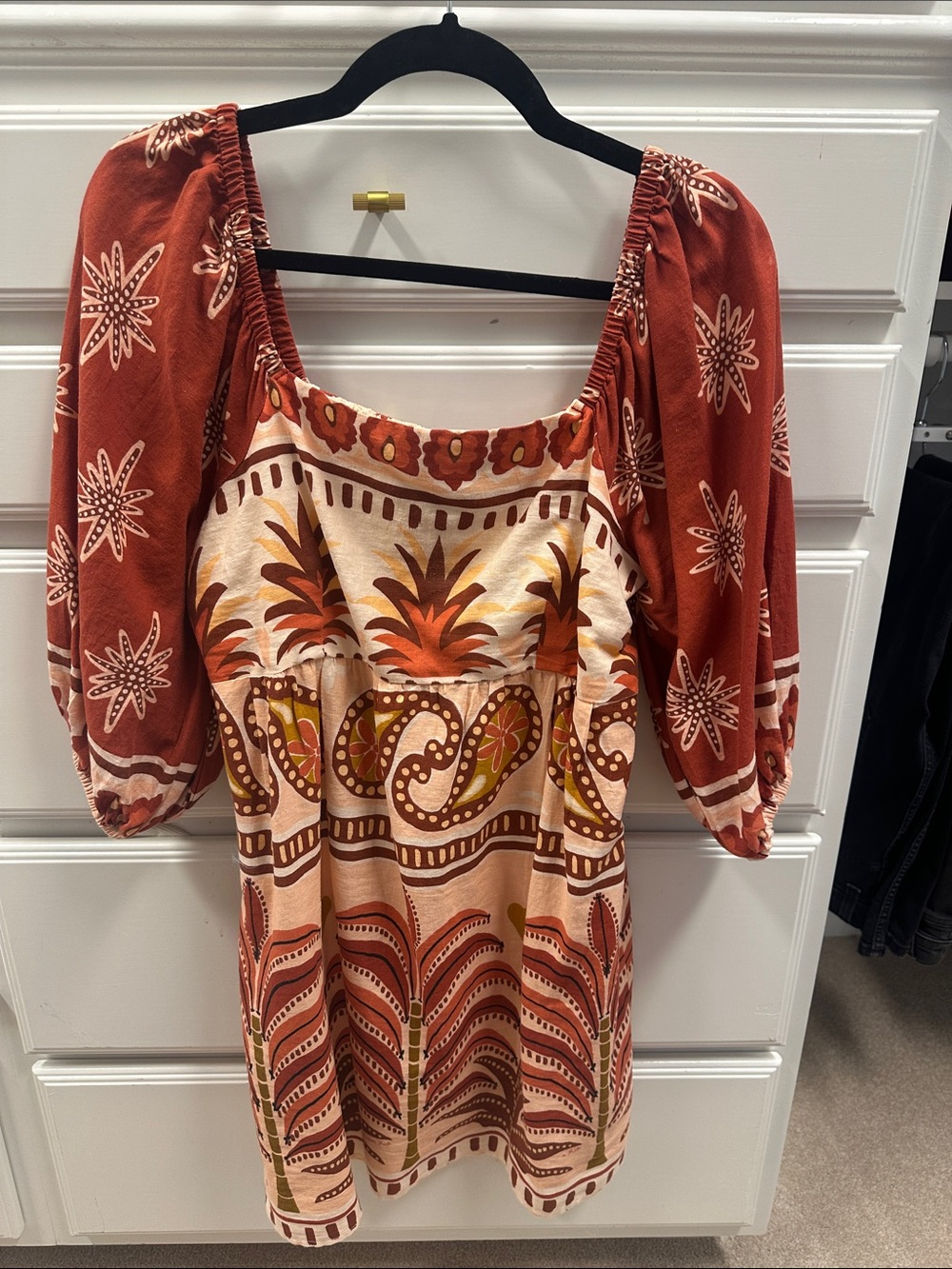 FARM Rio Rust and Cream Printed Puff-Sleeve Mini Dress
